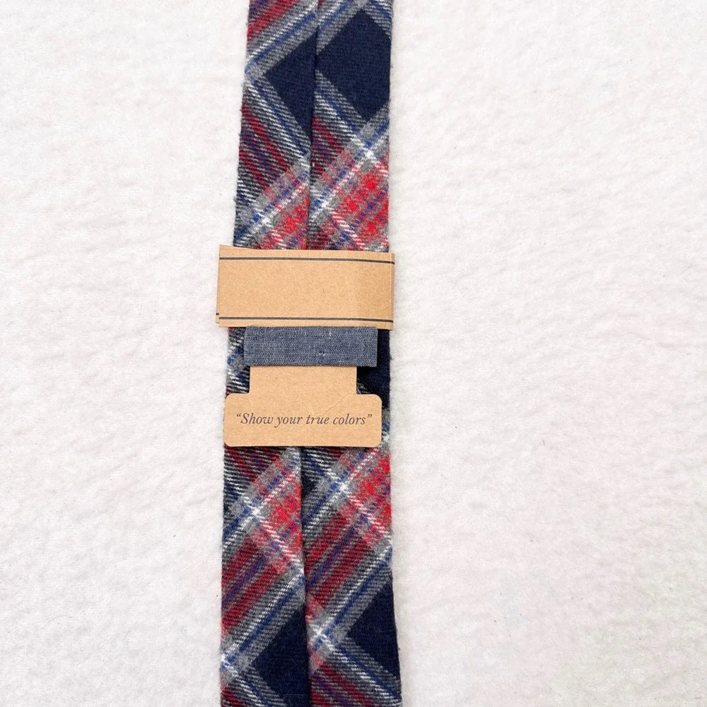 Land of Liberty Skinny Tie Necktie Red Blue Plaid Flannel Fabric Cotton NEW